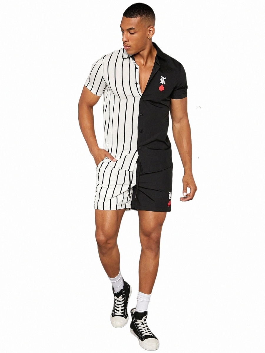 

men Striped & Poker Print Shirt & Drawstring Waist Shorts L9nR#, Black and white