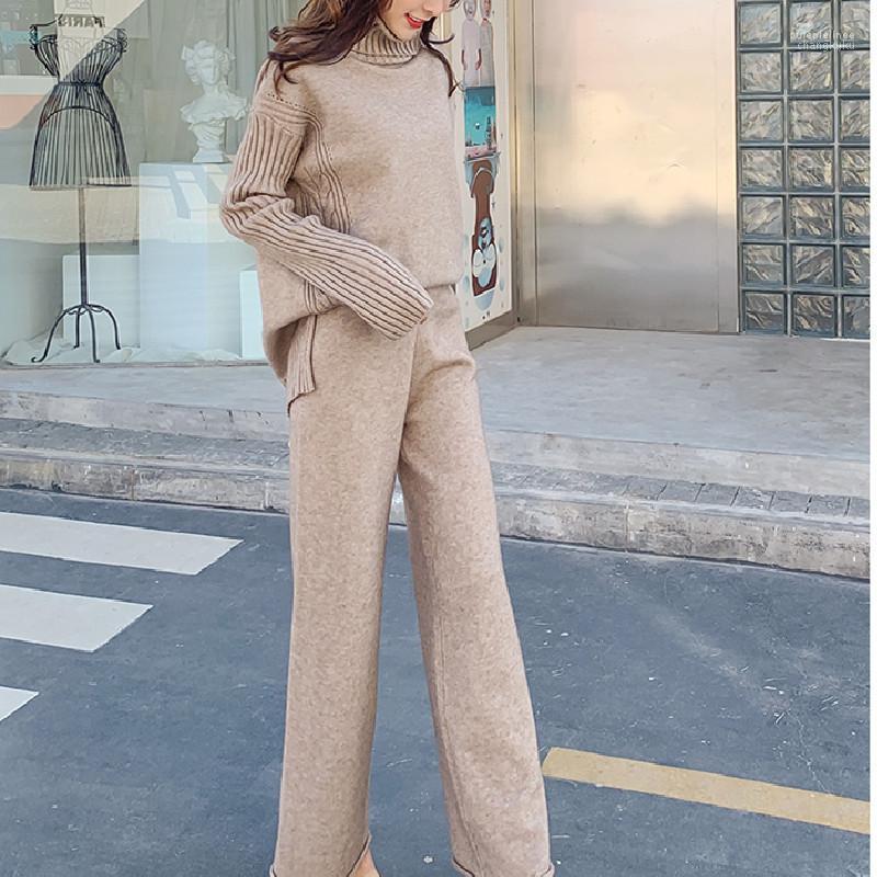 

Autumn Women Casual Two-Pieces Set Solid Wool Knitted Turtleneck Sweater Wide Leg Pants Elegant Fashion Female Office Lady Women's Tracksuit, Red