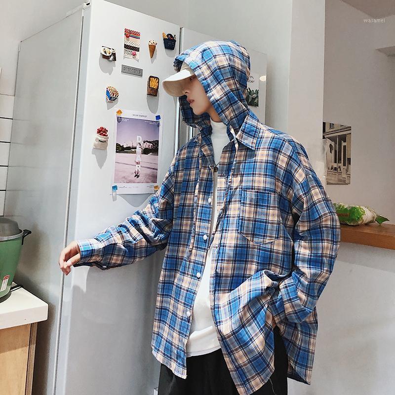 

Men's Casual Shirts Spring Plaid Shirt Men Fashion Trend Wild Long-sleeved Hooded Man Streetwear Hip Hop Loose Male Clothes, Pink