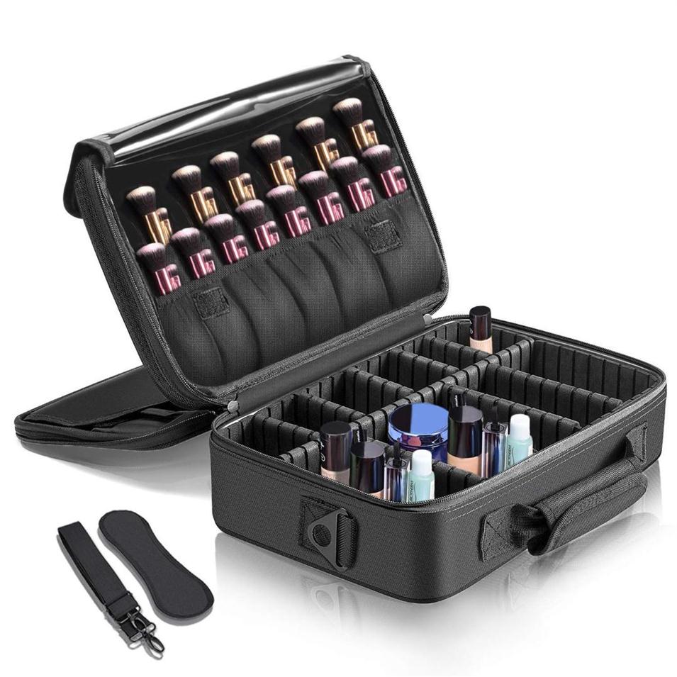 

Makeup Train Case 3 Layers Waterproof Travel Makeup Bag Cosmetic Organizer Kit Artist Storage Case Brush Holder with Adjustabl192S, Black