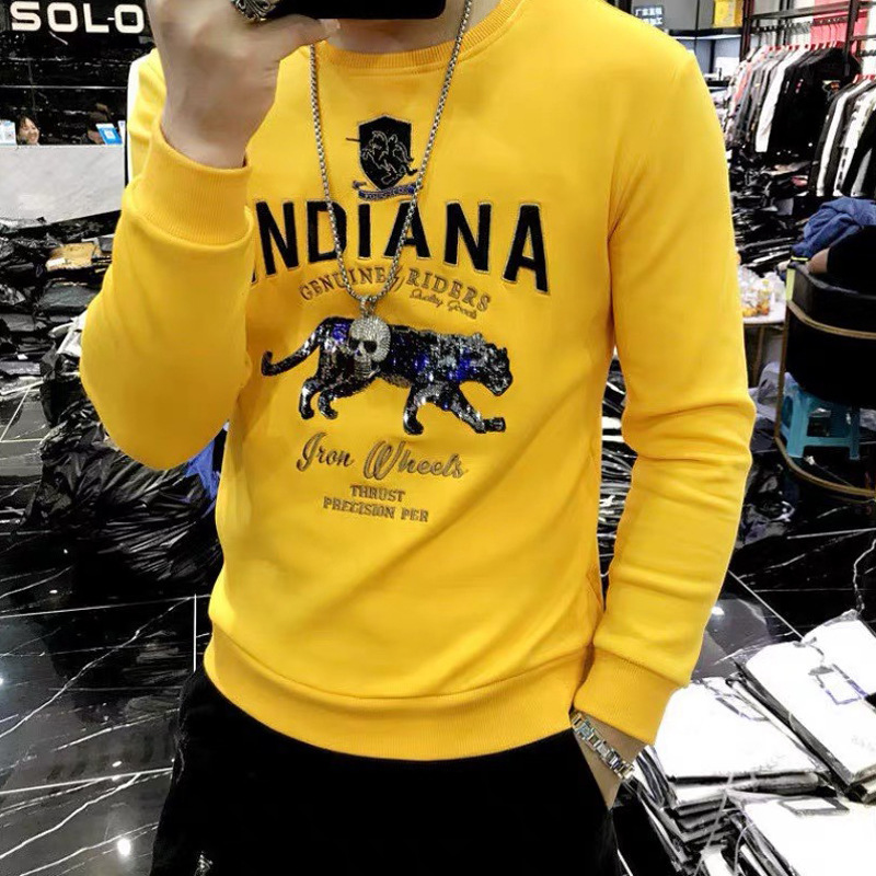 

2022 New Western Style Fashion Brand Men's Hoodies Simple Letter Design Domineering Cheetah Embroidery Design Sweater Cotton Handsome Multi-Color Pullover M-4XL, Yellow