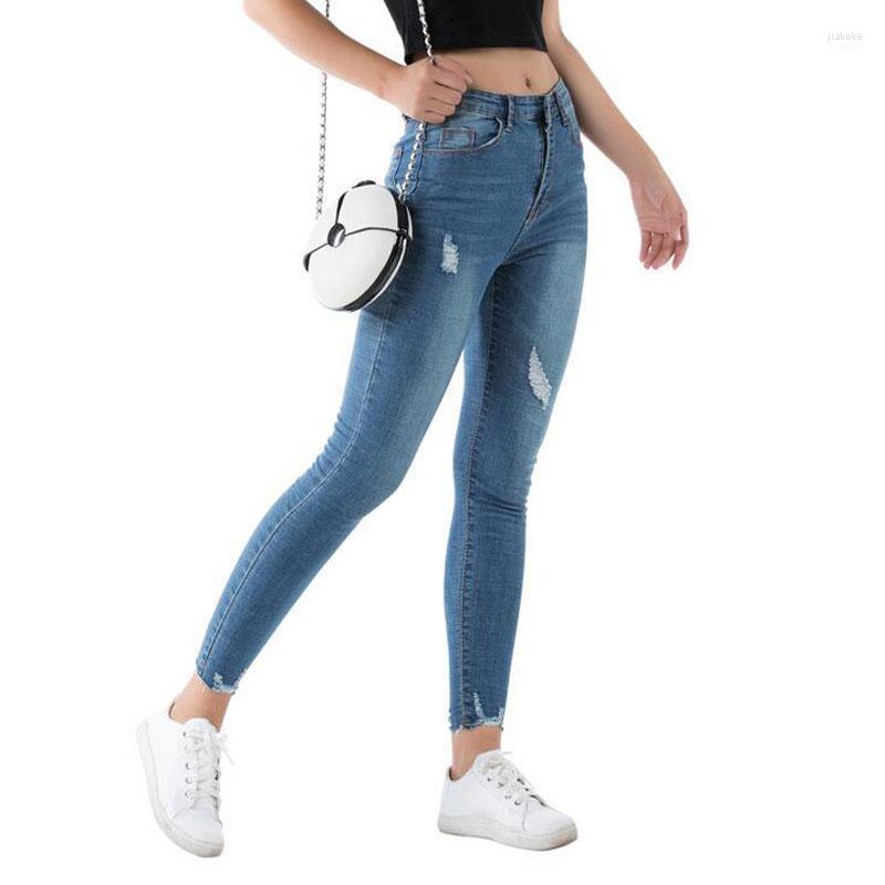 

Women' Jeans 2022 Fashion Women Blue Washed Hole Pencil Pants Little Feet Female Spring Mid Waist Stretch