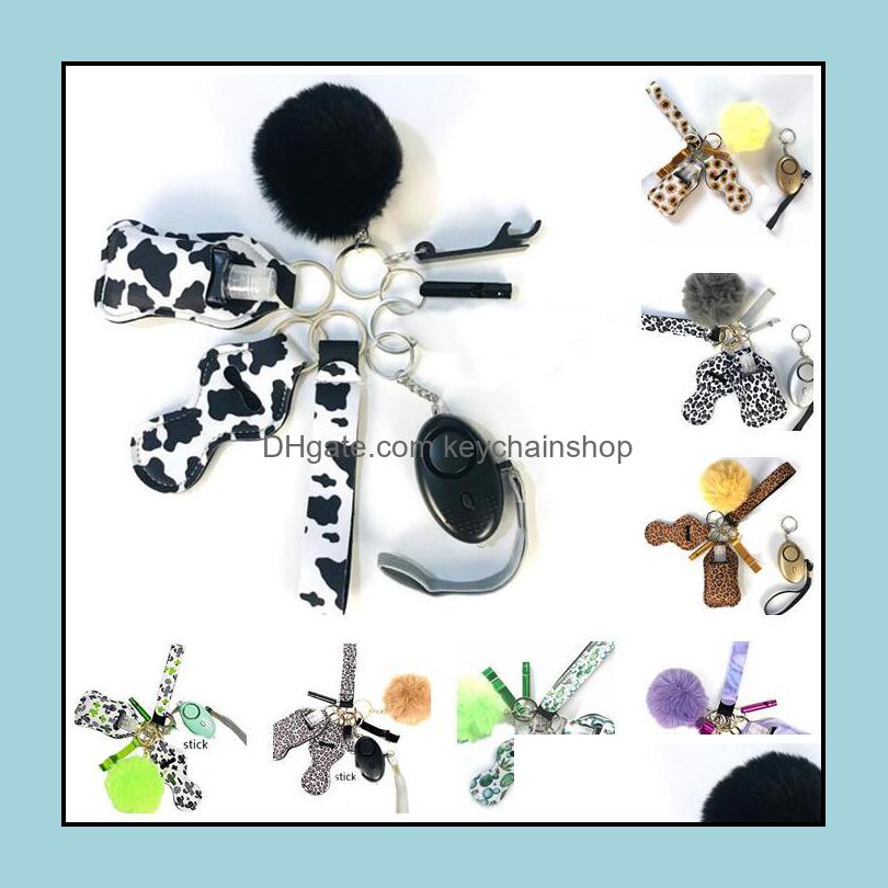 

Keychains Fashion Accessories 30 Colors 9Pcs/Sets Defense Keychain Set Alarm Pompom Hand Sanitizer Wrist Strap Lipstick Bottle Opener For Wo