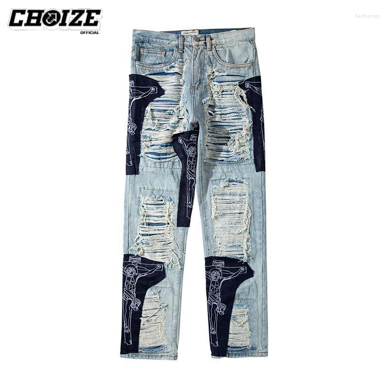 

Men's Jeans Streetwear Hole Fringe Embroidery Mens Tassel Hip Hop High Street Denim Patchwork Trousers Oversize Baggy PantsMen's Bert22, T78-blue