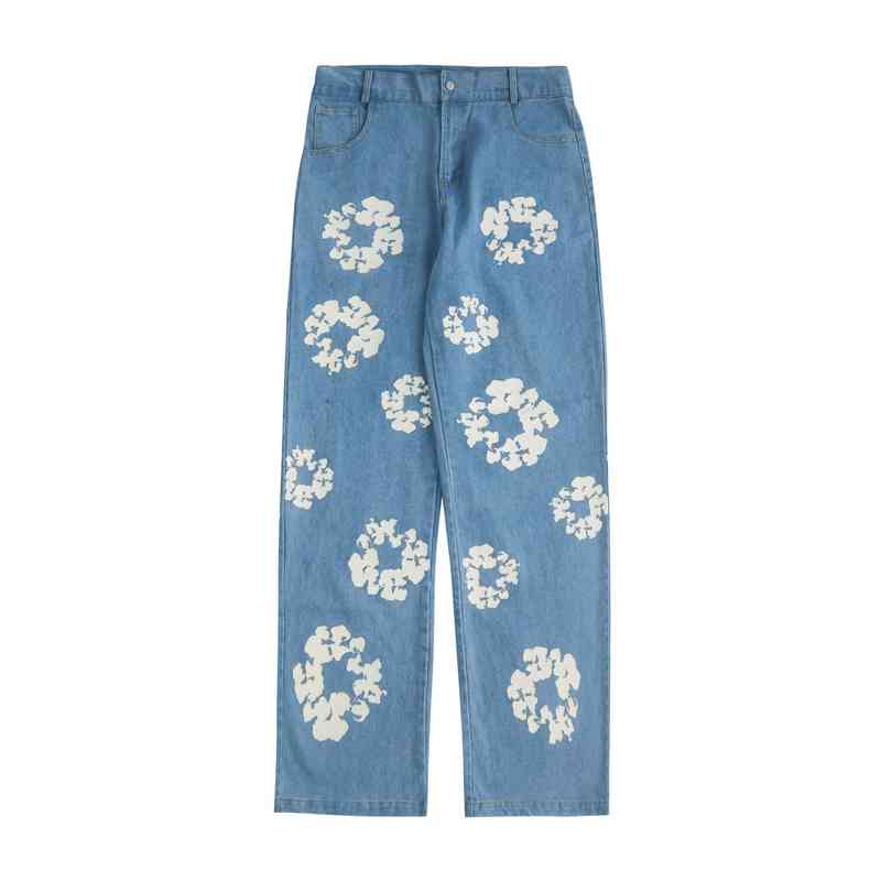 

2022 new high street Vintage cotton printed slim fit casual pants men' and women' straight jeans trend, Blue