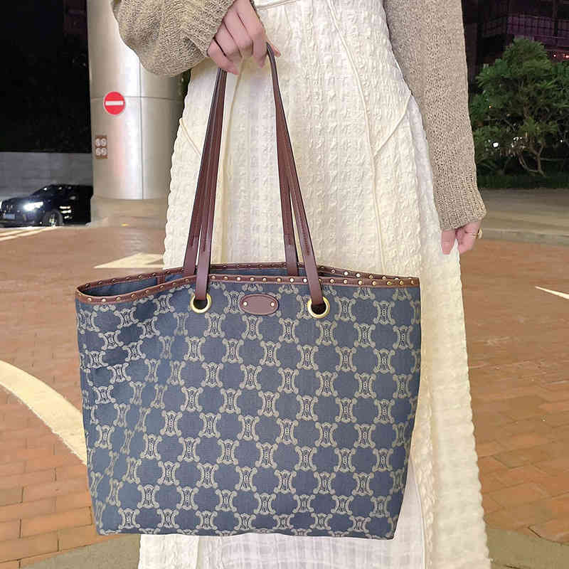 

Direct Sales of New Luxury Brand Bags Wholesale Large Capacity Tote Middle Ancient Tannin Denim Single Shoulder Portable Shopping Women's Trend Versatile, Blue