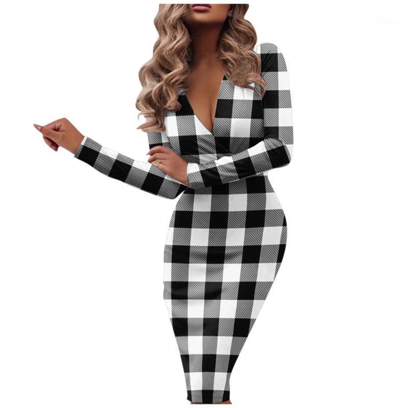 

Casual Dresses Elegant Office Lady Plaid Work Dress Sexy Deep V Neck Slim Fit Long Sleeve Bodycon Party Woman Robe Streetwear Vestidos, Black