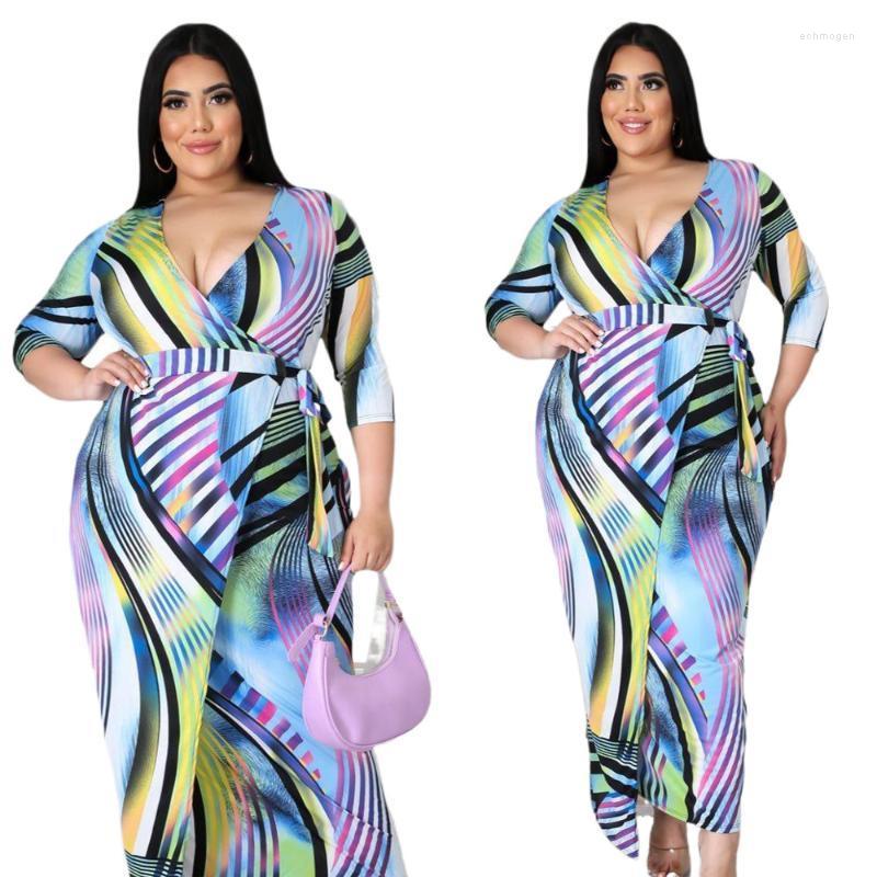 

Plus Size Dresses -4XL 2022 Women Clothing Sexy Dress Temperament Printing V Neck Fashion Casual Long Wholesale Drop Echm22, Multi