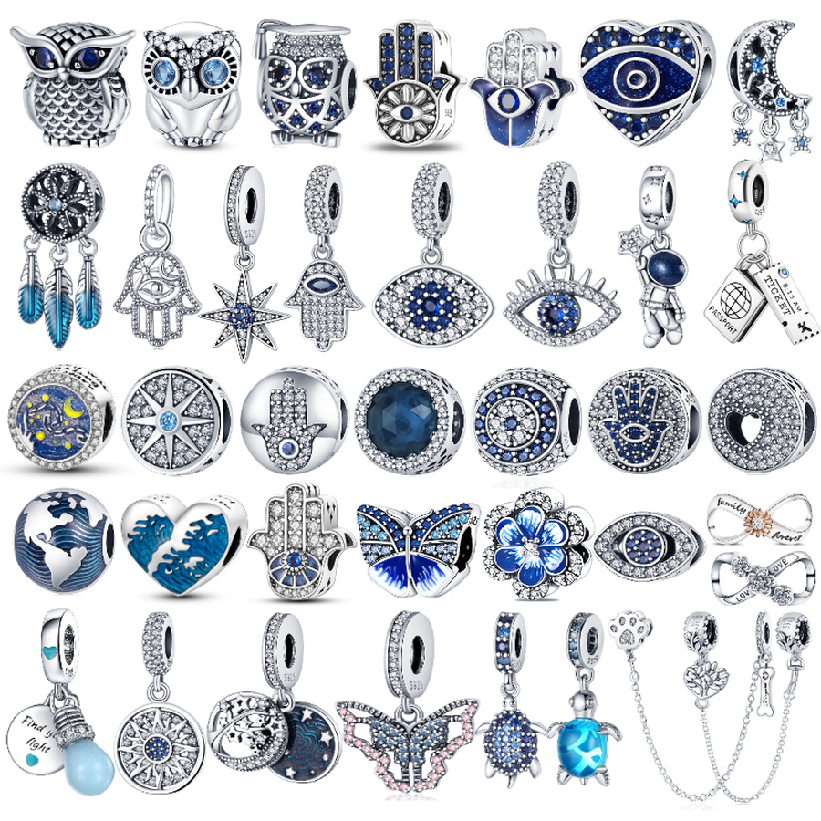 

925 Sterling Silver Dangle Charm Color Evil Eye Owl Hot Air Balloon Blue Bead Pendant Bead Fit Pandora Charms Bracelet DIY Jewelry Accessories