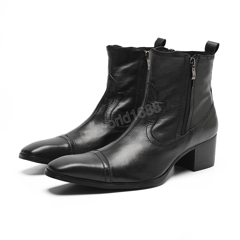 Square Toe Real Leather Man Short Boots Increase Height Party Dress Shoes Botas Men Business Ankle Boots