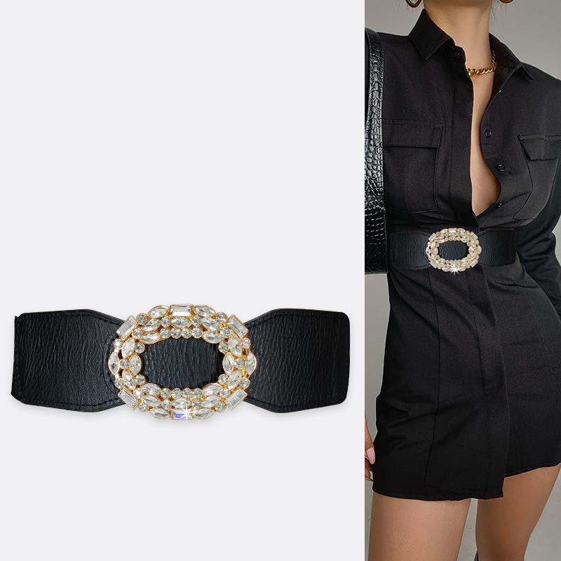 

Belts Elastic Shiny Rhinestone Corset Belt Ladies Waist For Women High Quality Stretch Cummerbunds Strass Wide WaistbandBelts, Black