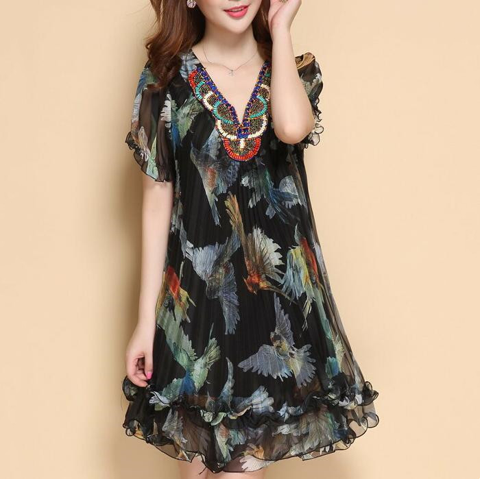 

New Summer Women Loose Style Slim Retro Dresses V-neck Beading Printing Lotus leaf Short Sleeve Chiffon Pleated Casual Dress Black Size