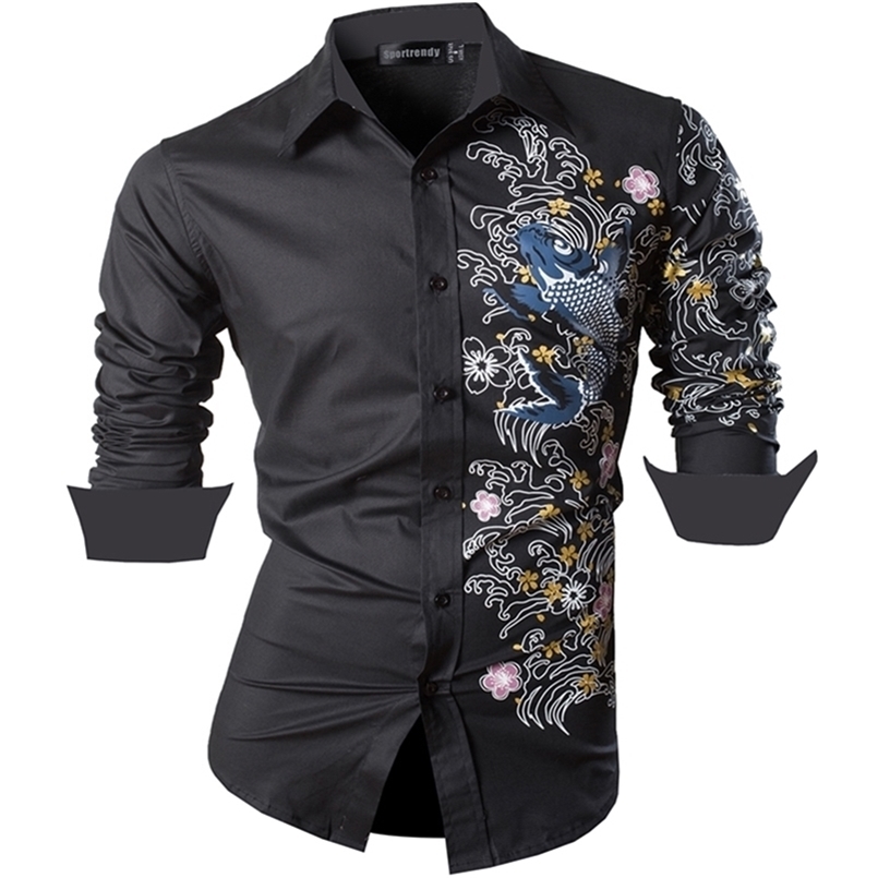 

Sportrendy Men's Shirt Dress Casual Long Sleeve Slim Fit Fashion Dragon Stylish JZS091 Black 220401, Jzs048-black