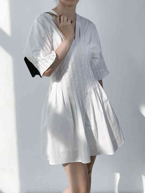 Casual Dresses Eoseeny Original Designer Pleated V Neck Long Sleeve Midi Swing Dress Brand Spring And Summer Arrive Top A1RH-image-765346940