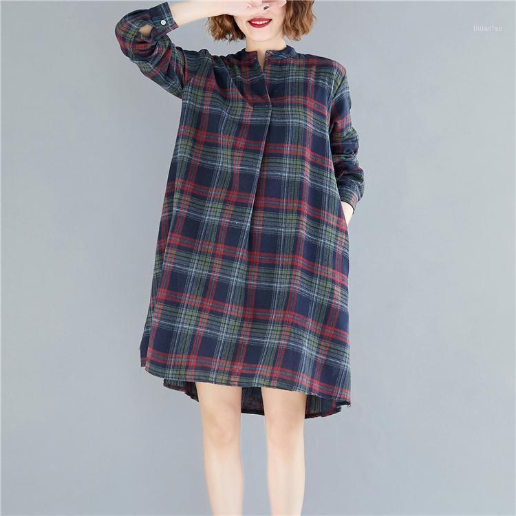 

Vintage Women Shirts Loose Literature And Art In Long Cotton Plaid Limit On 50 Blouse Shirt Dark Blue 8770 Women's Blouses &