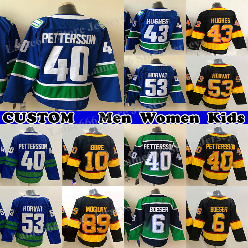 

40 Elias Pettersson Jersey 43 Quinn Hughes 6 Brock Boeser 53 Bo Horvat 10 Pavel Bure 23 Oliver Ekman-Larsson Custom Mens Womens Youth Any Name Any Number hockey jerseys, Green reverse retro mens