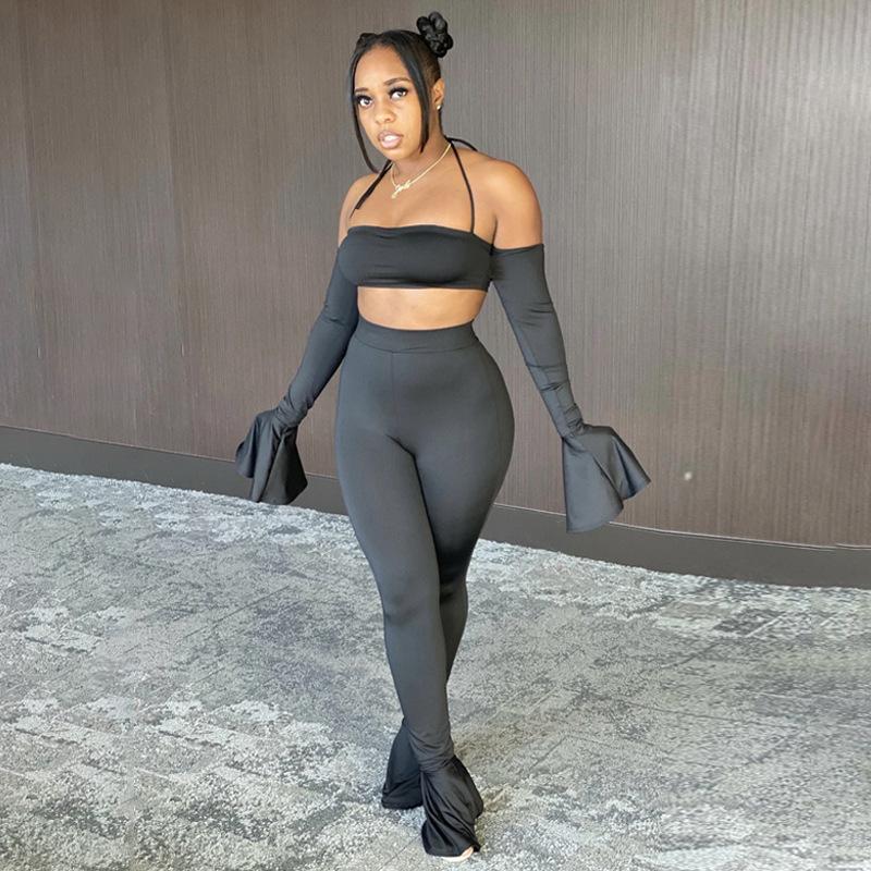 

Women' Two Piece Pants Temperament Commute Hollow Out Autumn And Winter Fashion Trendy One-Word Long Sleeve Top Slim Fit Casual Suit WomenW, Black