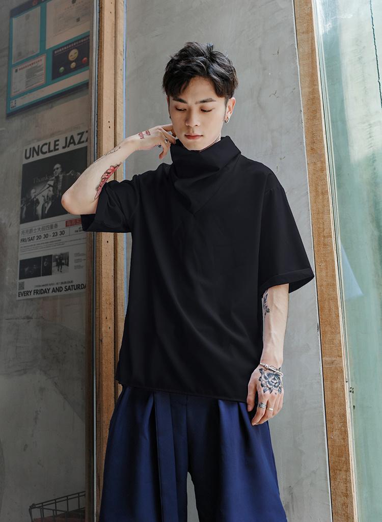 

Men' Casual Shirts Sleeved Short Shirt Summer 2022 Loose High Collar Pullover Hip Hop Personality Fashion Trend Large, Black