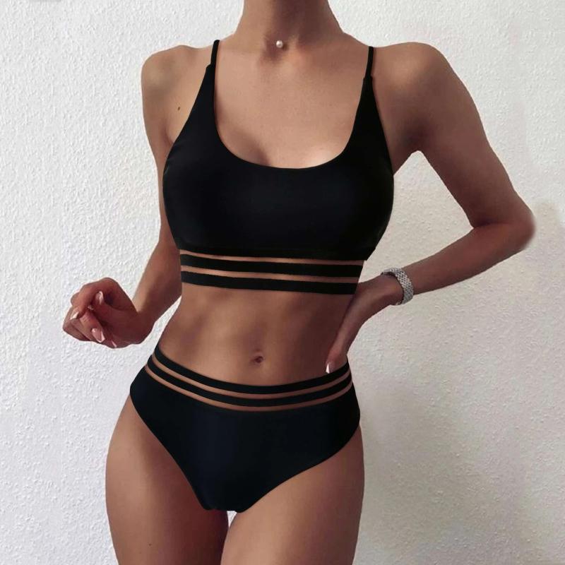 

Women' Swimwear Mesh Thong Bikini 2022 Women Swimsuit Halter Female Black High Wasit Two Pieces Set Brazilian Bathing SuitWomen