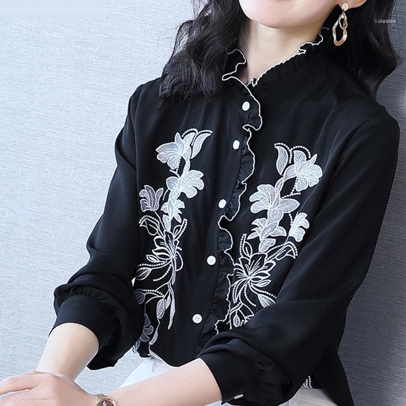 

Faux Silk Shirt Women's Long-sleeved Embroidery Stand Collar Blouse Casual, Black