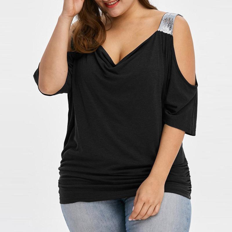 

Women's Blouses & Shirts Elegant Office Lady Plus Size Women Sexy Cold Shoulder Loose Casual Short Sleeve Shirt Tops For 2022, Black