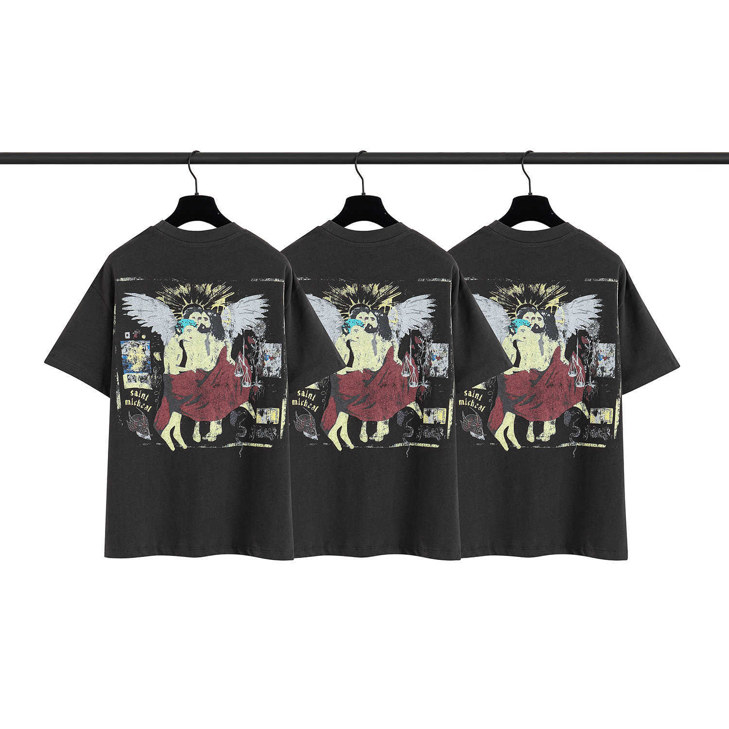 

Men' T-Shirts Vintage Saint Michael Jesus oil painting retro trend loose high street men' and women' short, Jesus oil painting short sleeve