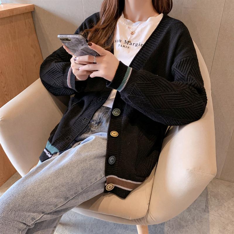 

Women's Knits & Tees Big Patchwork Pocket Sweater Women Knitted Jacket Coat Jumper Ladies 6 Color V-Neck Long Sleeve Knitting Cardigan Tops, Black