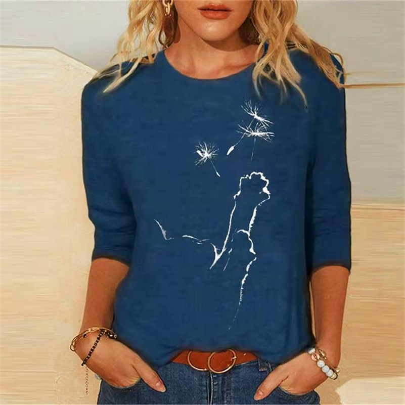 

Women Fashion Casual Kawaii Ladies T-Shirt Funny Cute Tunic Female Y2K Cat Printed Tops Long Sleeve Round Neck TShirt Tee 220321, Style 15