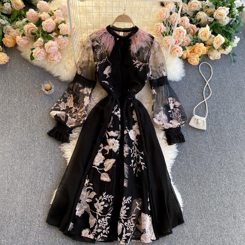 

Singreiny High Quality Elegant Party Dress Women Korean Design Long Sleeve A-line Spring Mesh Embroidery Flower, Black