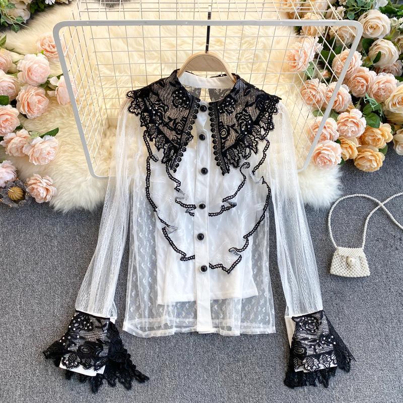 

Women's Blouses & Shirts Color Patchwork Mesh Crop Top Women Round Neck Lace Casual Holiday Flare Sleeves Hollow Out Loose Fit Cropped 2022, Photo color