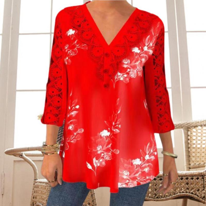 

Women's Blouses & Shirts Summer Chic Crochet Mid-Length Blouse Elegant Shirt Printed StreetwearWomen's, Pink