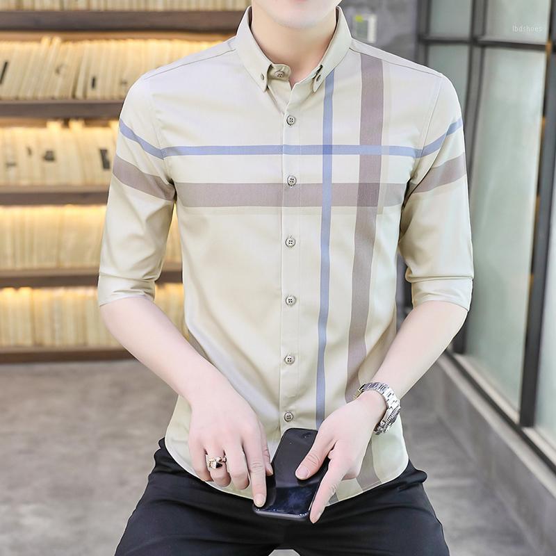 

Men's Casual Shirts Korean Style Vintage Slim Fit Half Sleeve Dress Shirt Men Summer Quality Soft Comfortable Striped Chemise Homme -3XLMen, As picture