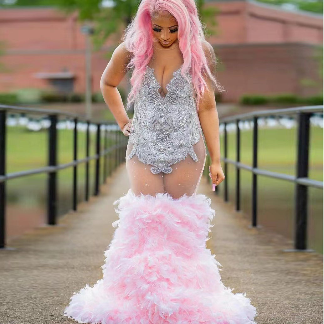 New Pink Mermaid Prom Dress 2022 For Black Girl Beading Sequins Tulle Sexy See Through Evening Gowns Custom Made Party Dresses