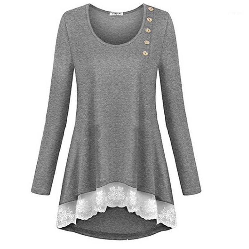 

Spring Autumn Lace Patchwork Blouse Women Casual Long Sleeve O-neck Irregular Button Tops Tee Shirt Bigsweety Full Women' Blouses & Shirts, Gray