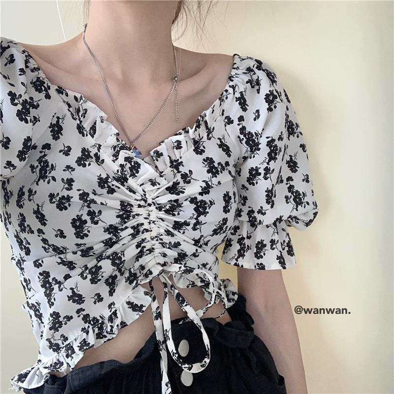 

Women's Blouses & Shirts Summer Fashion Floral Ruffle Top Blouse Women V Neck Chiffon Puff Sleeve Lace Up Crop White Shirt CasualWomen's