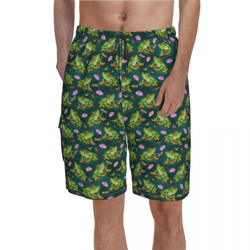 

Men' Shorts Frog Tropical Board Lily Pad Dragonfly Fish Pond Animals Beach Short Pants Men Cute Custom Swim Trunks Plus SizeMen