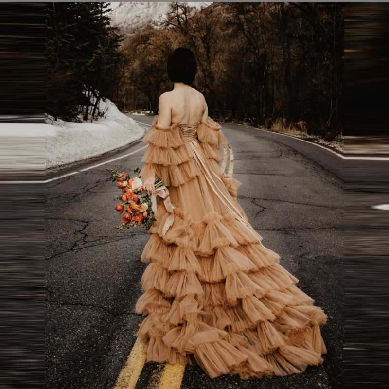 

Casual Dresses Pretty Off The Shoulder Tiered Tulle Party Dress With Half Ruffles Sleeves Sweet Mesh Bridal Gowns To Po Shoot Lace Up Back, Burgundy