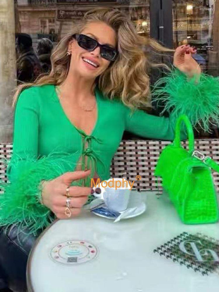 

Women's Knits & Tees Green Feather Knitted Cardigan Sweater Women's Sexy Long Sleeve Cropped Korean Tops Fashion Sweaters 2022Women's Ma