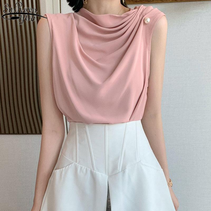 

Women' Blouses & Shirts 2022 Summer Bottoming Tops Beading Blouse Chiffon Fashion Women Sleeveless Shirt Hong Kong Style French Blusas 1303, Black