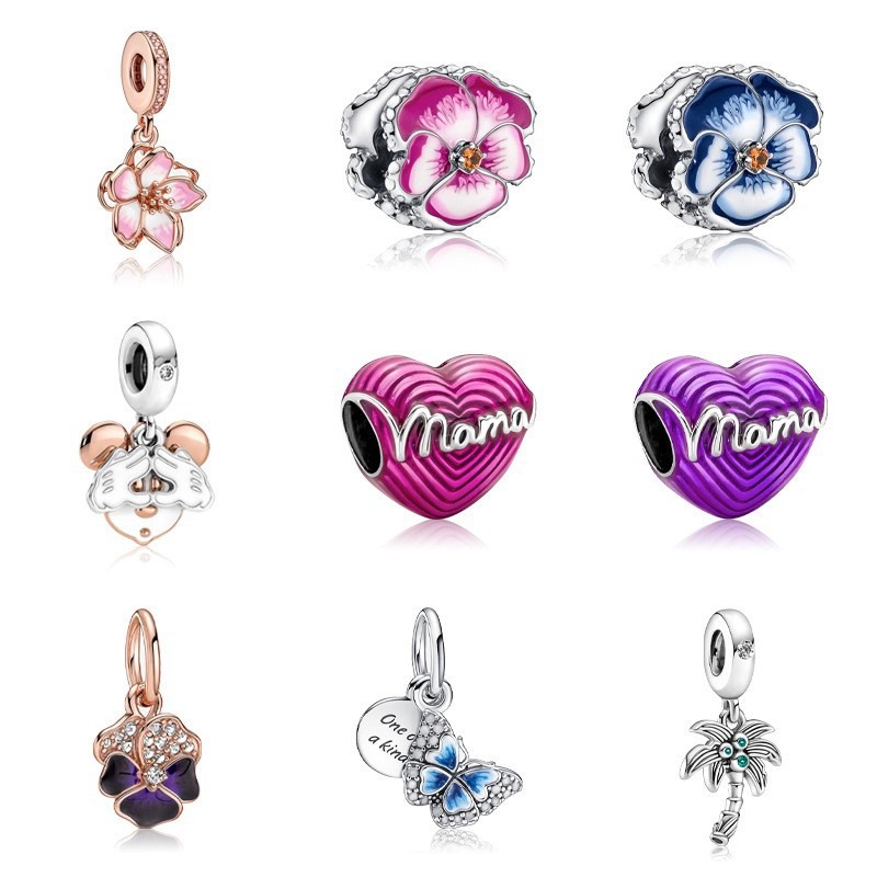 

Fits Pandora Bracelets Pink Enamel Heart Mom Butterfly Cherry European Charms Silver Charm Bead Loose Beads For Wholesale Diy European Sterling Necklace Jewelry