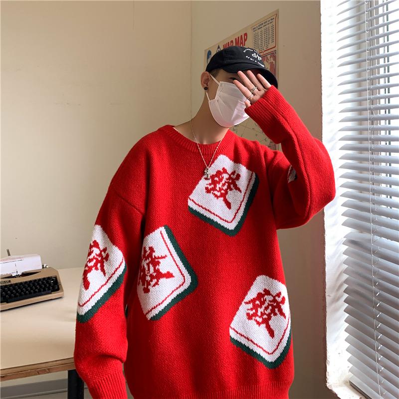 

Men's Sweaters Chinese Style Mahjong Print Graphic Knit Sweater Oversized Jumper Unisex Pullover Long Sleeve Tops Men Winter Clothes Streetw, Black