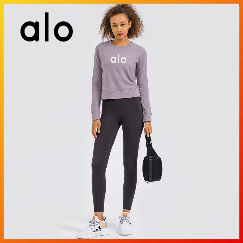 Alo Yoga Women's Fall New Sports Tops Fitness Training Round Neck T-shirt Gym Outdoor Running Long-sleeve Tops Fashion Sexy Warm