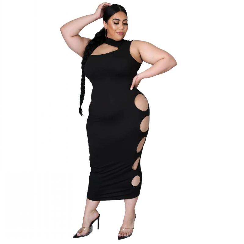 

Plus Size Dresses -4XL Women Hole Dress Black Ladies Fashion Casual Sleeveless Spring Summer Long Maxi Vestidos Large 3XL