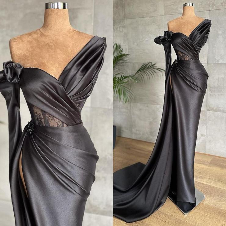 

Sexy Black Mermaid Evening Formal Dresses One Shoulder Draped Floor Length Lace Stain Slit Pleated Side Train Prom Dress Formal Party Gowns Custom Robes De Soirée, Gray