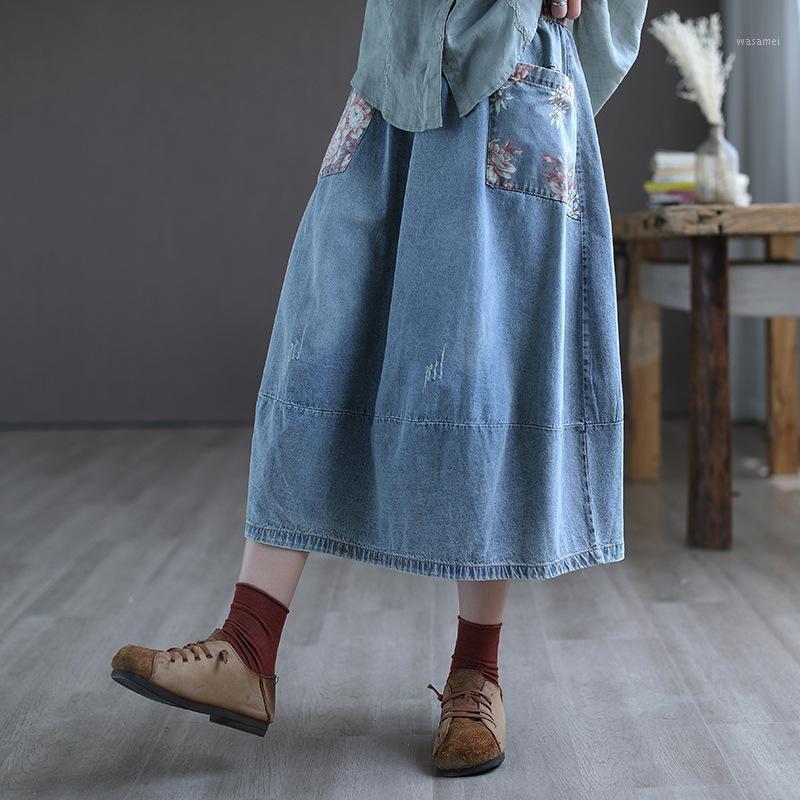 

Skirts 21Denim Women Summer Mori Girl Style Jacquard Pockets Bleached Washed Elastic Waist Female Mid-Calf Length A-Line Skirt, Blue