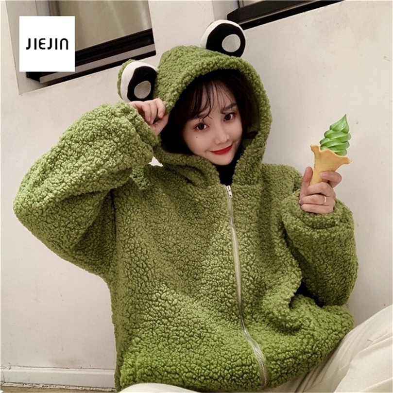 

frog hoodie Winter Zipper Plush Comfort Top Winter Thicker Chic cutey coat Outwear Korean Hooded Soft Teens Street Jacket 2xlxl 201208, Army green