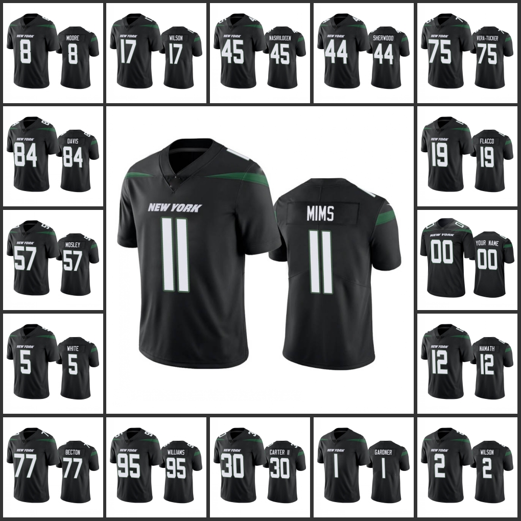 

New York''Jets''Men #11 Denzel Mims 77 Mekhi Becton 12 Joe Namath 95 Quinnen Williams 2 Zach Wilson Women Youth Custom Black Vapor Limited Jersey