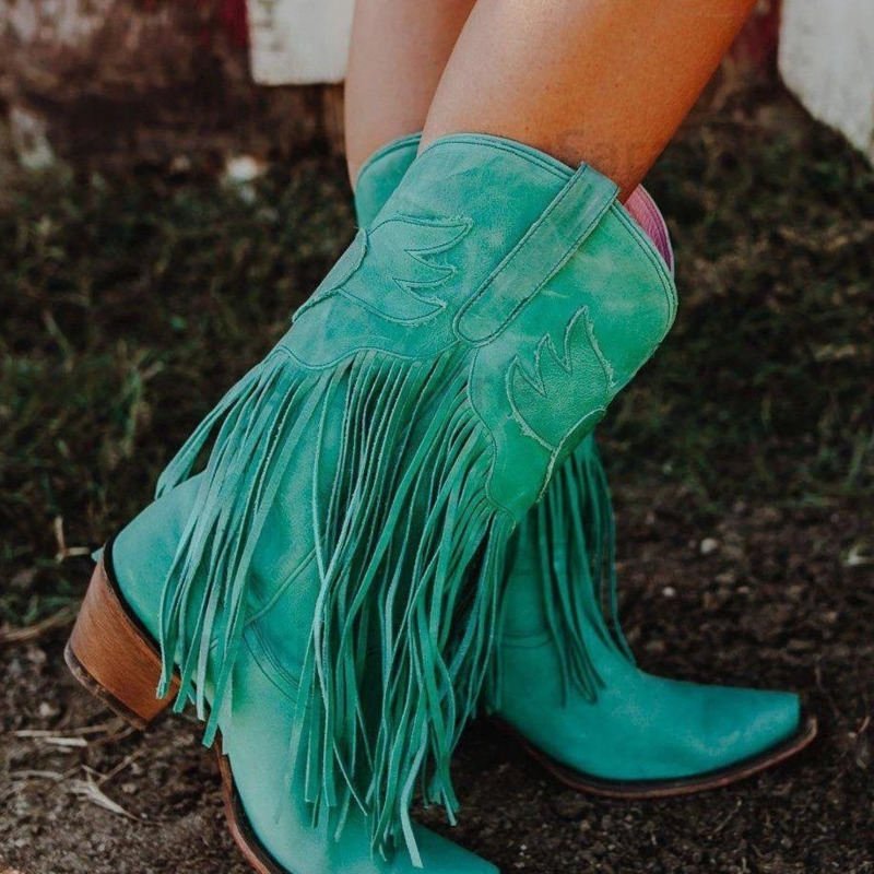 

Cowboy Boots Shoes For Women Tassel Chunky Heels Pointed Toe Green Red Western Boots Fashion Slip-on Wedge Boots Female 220725, Black