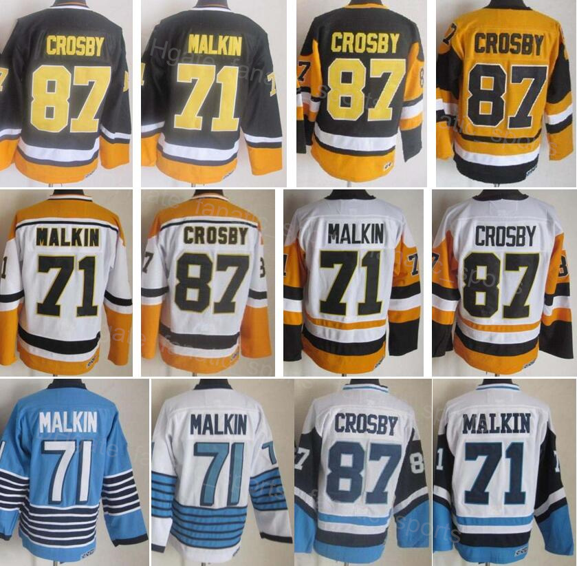 Men Ice Hockey Retro 71 Evgeni Malkin Vintage Jersey 87 Sidney Crosby Home Black White Blue Yellow Away For Sport Fans Embroidery And Sewing Brea
