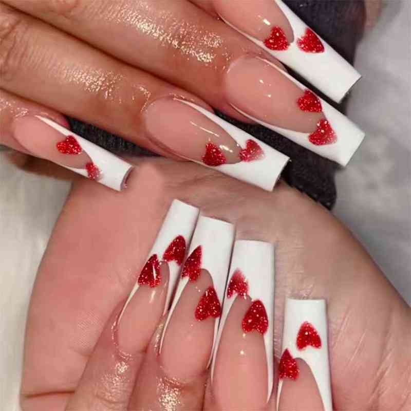 

False Nails 24pcs Detachable Long Heart Red Geometric Wearable Pattern French Fake Full Cover Nail Tips Press on 0616